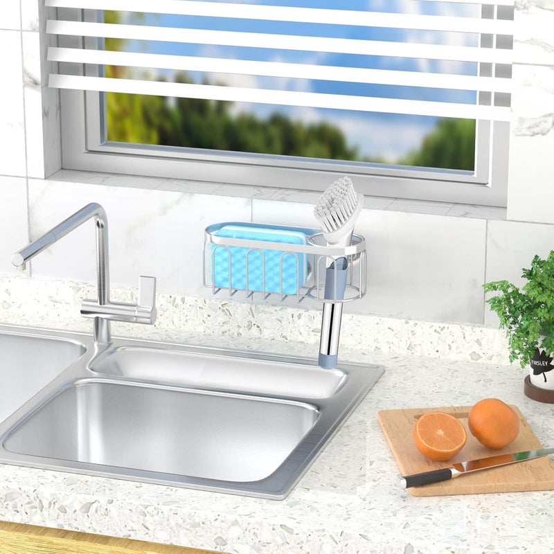 Yazoni 2-in-1 Sponge Holder for Kitchen Sink, Suction Cup Kitchen Caddy, No Drill Rustproof Sink Organizer for Place Dishwashing Brush Soap and Sponge (Silver) - Image 4